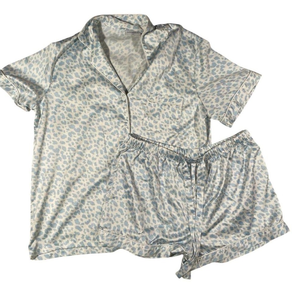 Leopard Print Summer Pajama Set Blue White Short Sleeve Button Shorts  M